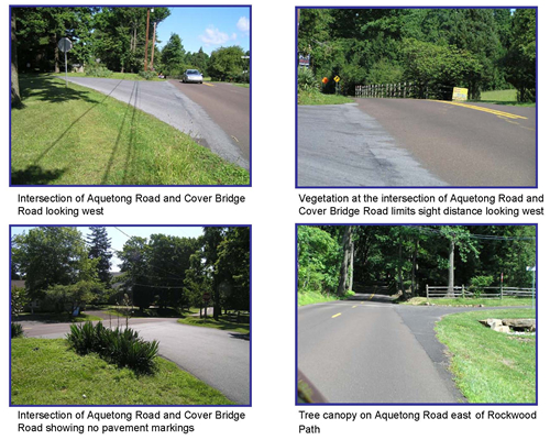 Top Left: Intersection of Aquetong Road and Cover Bridge Road looking west; Top Right: Vegetation at the intersection of Aquetong Road and Cover Bridge Road limits sight distance looking west; Botton Left: Intersection of Aquetong Road and Cover Bridge Road showing no pavement markings; Bottom Right: Tree canopy on Aquetong Road east of Rockwood Path