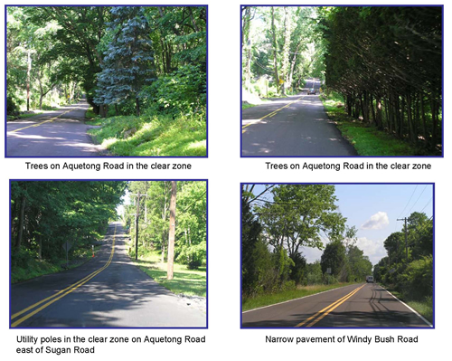 Top Left: Trees on Aquetong Road in the clear zone; Top Right: Trees on Aquetong Road in the clear zone; Botton Left: Utility poles in the clear zone on Aquetong Road east of Sugan Road; Bottom Right: Narrow pavement of Windy Bush Road