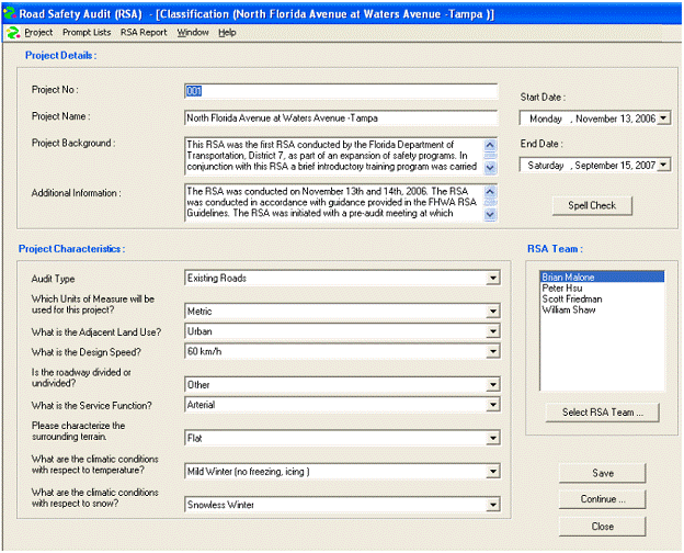 Page 48 image. This image is a screen capture of a RSA software program. The screen image shows several fields under the categories of Project Details and Project Characteristics as well as an area to enter the RSA team members.