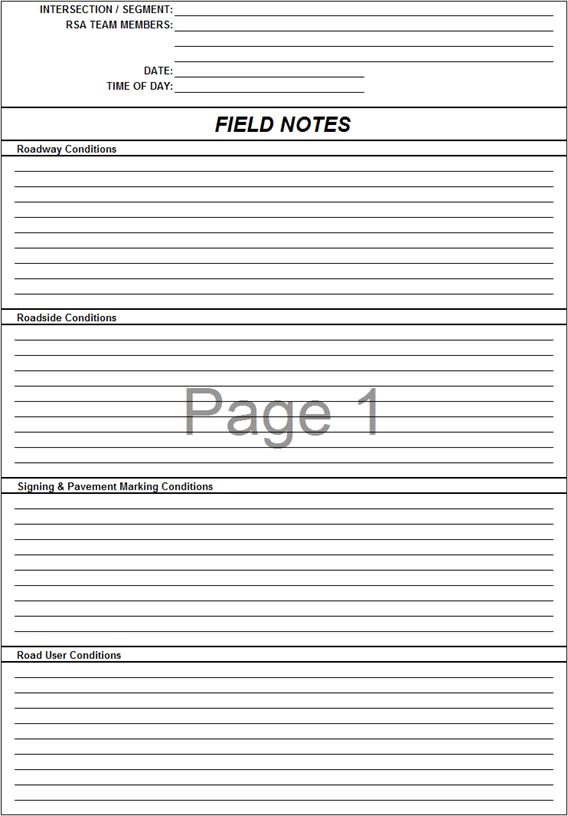 Page 43 image. This image is a scanned copy of a sample field notes document. It has fields for intersection/segment, RSA team members, date, time of day, roadway conditions, roadside conditions, signing & pavement marking conditions, and road user conditions.