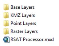 Screenshot of folders and RSAT program:  Layers, KMZ Layers, Point Layers, Raster Layers, RSAT Processor.mxd