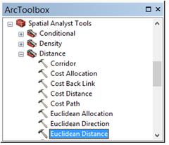 Screenshot: ArcToolbox dialog box with Distance folder expanded and Euclidean Distance tool selected