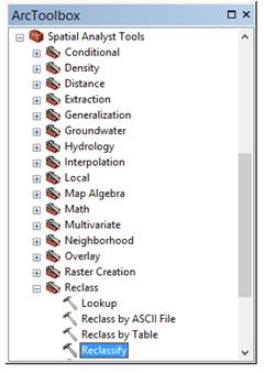 Screenshot: ArcToolbox dialog box - expanded Reclass folder with Reclassify tool selected