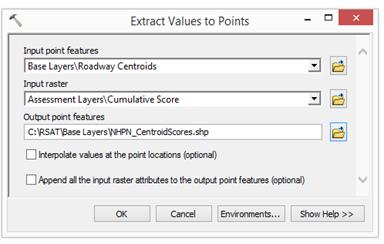 Screenshot: Extract Values to Points tool box