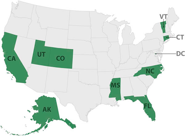 Figure 2: CDIP States 2010-2013 - California, Utah, Colorado, Alaska, North Carolina, Mississippi, Florida, District of Columbia, Vermont, and Connecticut