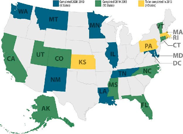 Figure 1: All CDIP Sates 2008-2013 - Completed 2008-2010 (8 State - Washington, Montana, Minnesota, Illinois, New Mexico, Louisana, Tennessee and Maryland; Completed 2010-2013 (10 States - Alaska, California, Colorado, Connecticut, District of Columbia, Florida, Mississippi, North Carolina, Utah and Vermont; To be completed in 2013 (4 States - Kansas, Pennsylvania, Massachusetts and Rhode Island