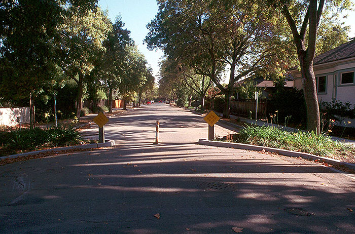 Figure 3.22.2. Full Closure Located Midblock.This figure contains a photograph of a wide street in a residential area. The street has been narrowed by two curbs extensions landscaped with ornamental grasses. The closure consists of a diamond shaped yellow sign at the end of each curb extension and a post in the center of the channel. This allows for foot and bicycle traffic to pass through easily. There are a number of large trees and houses are visible along the right hand side of the street.