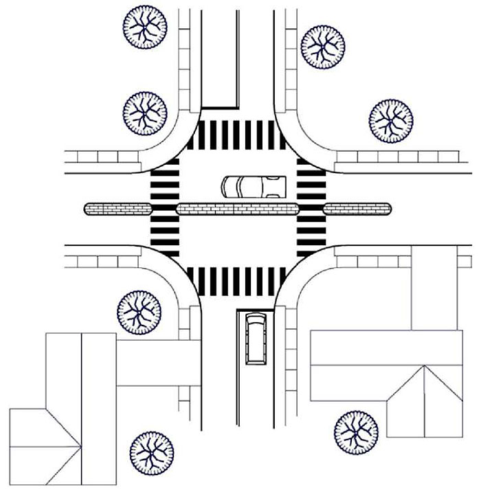 Figure 3.24.1. Median Barrier Schematic. This figure contains a schematic of an intersection which illustrates three median barriers running from left to right. A car passes on the top lane of the intersection running right to left. Another vehicle waits at the stop sign on the lower leg of the intersection. The median barrier would prevent turning onto the top and bottom legs across traffic. It also narrows the lanes running from left to right