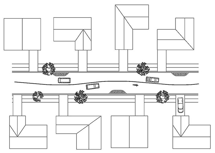 Figure 3.5.1. Chicane Schematic. This figure is a line drawing of a street from above, showing the schematic of a chicane's curvilinear path achieved using curb extensions. There are four houses on each side of the street along with a few trees. Two cars are in the topmost lane and a car and a back are in the bottommost.