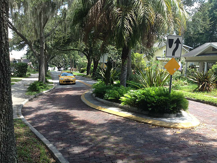 Figure 1.3. Street Width Reduction Measure - Median Island. This figure contains a photograph which illustrates a median island which contains landscaping including a palm tree and several low shrubs. A white sign also indicates right of way with an arrow passing around the right hand side of the median. A yellow reflective diamond is placed under the right of way sign.