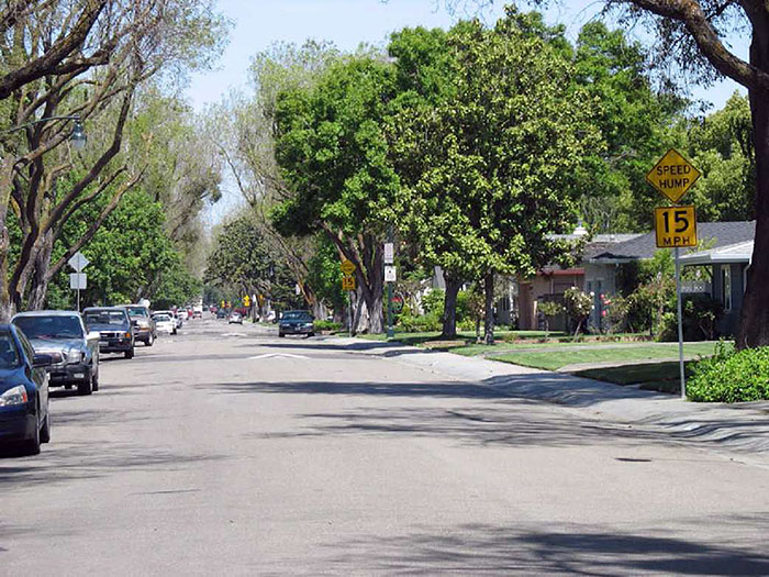 Figure 3.10.5. Series of Speed Humps. This figure contains a photograph of an undivided street in a tree-lined residential area. A sign post with a yellow diamond speed hump sign and a rectangular 15 MPH speed limit sign is on the right hand side of the street. A series of speed humps is visible as the street vanishes into the distance.