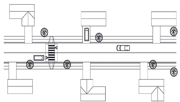 Figure 3.14.1. Raised Crosswalk Schematic. This figure contains a line drawing of an overhead view showing a two lane road. Three evenly spaced houses are on either side. Icons representing trees are scattered near sidewalks. A raised crosswalk is represented crossing the road approximately four car lengths from the left hand side of the drawing. A car is about to cross it in the bottommost lane. Another vehicle approaches the crosswalk in the topmost lane. A vehicle is parked in the driveway of the center house above the topmost lane.