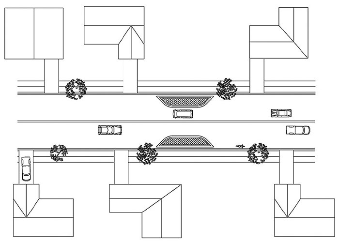 Figure 3.17.1. Choker Schematic. This figure contains a line drawing of a two lane street divided by a double line from an overhead view. Three houses line each side of the street. Halfway along the street a pair of patterned curb extensions extend into and narrow the street with a choker. There are two vehicles in each lane; one near the northern curb extension, one in that same lane near the right hand edge of the picture, one approaching the southern curb extension, and one near the right hand edge of the picture.