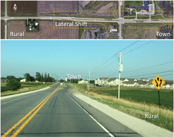 Figure 5-1 Lateral shift at transition from rural to town, Hwy 44 Grimes, IA (Image Source: Google — the two photo shows an overhead photo of a Rural and Town area with a road that undergoes a Lateral Shift. The second photo shows a street-level photo of the same Lateral Shift leading into the community.