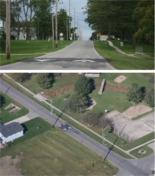 Figure 5-2 Speed hump installation in Gilbert, IA (Image Source: Hallmark et al. 2002). This figure shows two photos of the same speed hump installation — the first at ground level looking down the residential street, and the second as an overhead shot.