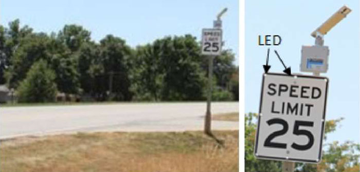 Figure 5-10 Speed feedback sign in St. Charles, IA (Image Source: Neal Hawkins) Rowley. This photo shows a speed feedback sign next to a close-up photo of the same sign, with LEDs built into the sign that a radar-activated.