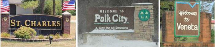 Figure 5-12 Gateway signage (Image Source: Neal Hawkins). This figure contains three example photos of gateway signage, reading St Charles, Welcome to Polk City–A City for All Seasons, and Welcome to Veneta.