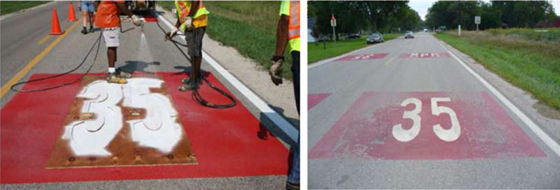 Figure 6-3 Pavement marking paint installation (left) and wear after one winter (right) [Treatment authorized with MUTCD experimental waiver] (Image Source: Neal Hawkins). This photo shows an experimental treatment with 35 MPH painted in red on the road. Note: The red background coloring is not MUTCD compliant, and should only be installed after receiving approval from FHWA through an experimentation waiver. There are two photos. The first shows the painting process on the left, and the second shows the wear after one year, with the red paint faded and worn.