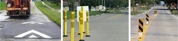 Figure 1-4 Speeding countermeasures suitable for rural communities. (Image Source: Neal Hawkins) This figure shows three photos of examples of countermeasures, including a speed hump, tubular channelizers, and removable traffic control devices.