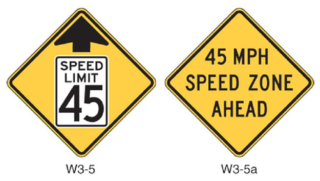 Figure 2-3 Reduced speed limit ahead signs. Source: Figure 2C-7, 2009 MUTCD. This figure shows two example signs, Speed Limit 45 with an arrow pointing up (W3-5) and 45 MPH SPEED ZONE AHEAD (W3-5a).