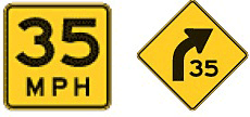 Image. Two signs are shown. The first is a 35 mph sign and the second is a curve 35 sign. Both are on yellow backgrounds.