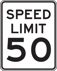 Image. A typical black and white Speed Limit 50 sign is shown.