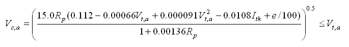 Equation. Average curve speed equals the result of (the product of 15.0 times the travel path radius times (the sum of 0.112 minus 0.00066 times the average tangent speed squared minus 0.0108 times the indicator variable for trucks plus the superelevation rate divided by 100) divided by the sum of 1 plus 0.00136 time the travel path radius) raised to the 0.5 power is less than or equal to the average tangent speed.