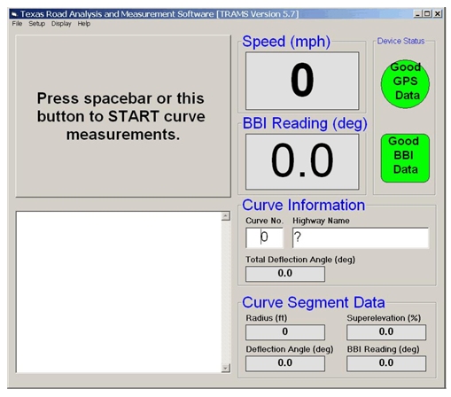Screenshot of the Texas Roadway Analysis and Measurement Software (TRAMS) Main Panel.