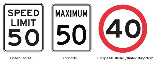 Figure 3. International Speed Limit Signs. Please see Extended Text Description below.