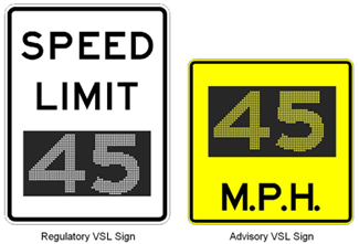 A regulatory VSL sign and advisory VSL sign for a speed limit of 45 mph.