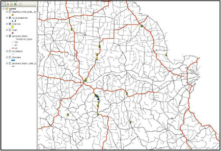 Graphic. Graphic depicting an example of a geographic information system (GIS) network in Missouri that allows for linkages with data for safety analyses.