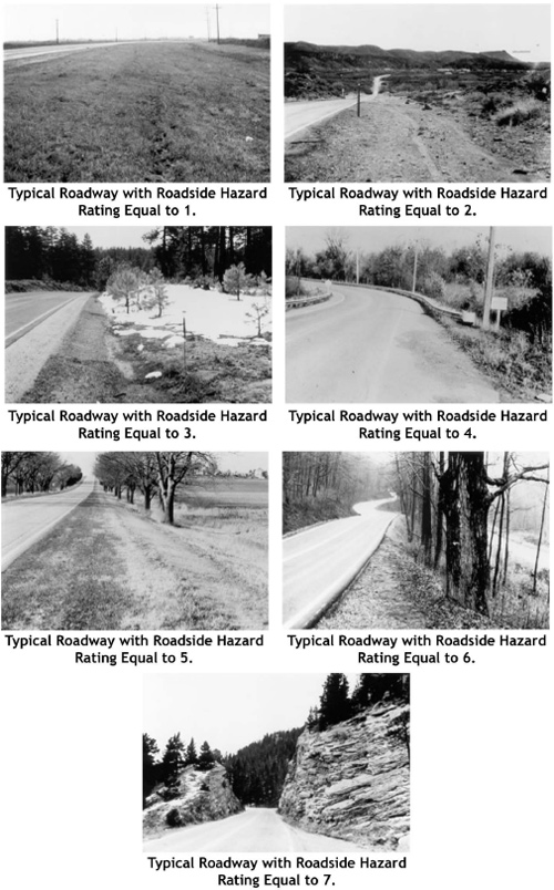 Illustration shows seven black and white photographs that read 'Typical Roadway with Roadside Hazard Rating Equal to X'; there are examples for each rating of 1-7