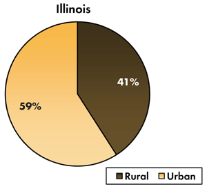 Pie chart - 59 percent of traffic-related fatalities occur on Illinois's urban roadways, 41 percent occur on the rural roads.