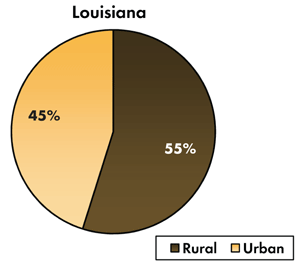 Pie chart - 45 percent of traffic-related fatalities occur on Louisiana's urban roadways, 55 percent occur on the rural roads.