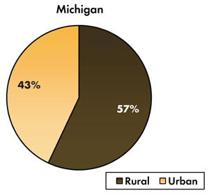 Pie chart - 43 percent of traffic-related fatalities occur on Michigan's urban roadways, 57 percent occur on the rural roads.