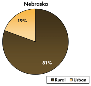 Pie chart - 19 percent of traffic-related fatalities occur on Nebraska's urban roadways, 81 percent occur on the rural roads.