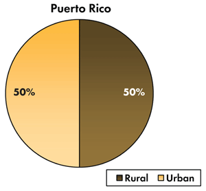 Pie chart - 50 percent of traffic-related fatalities occur on Puerto Rico's urban roadways, 50 percent occur on the rural roads.