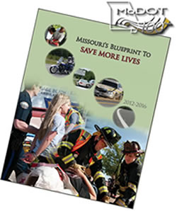This figure depicts the MoDOT's 100th year anniversary logo superimposed on the top of a screen shot of the cover of their 2012-2016 Blueprint to SAVE MORE LIVES publication, which is the state's SHSP.