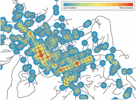 Figure 5.10 is a crash density map. A crash density map shows the number of crashes per unit area for a particular period of time in a particular community. This example shows a higher density of crashes in the centralized corridors of the region.