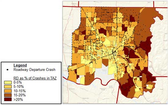 Figure 5.7 is a map showing the distribution of roadway departure crashes by transportation analysis zones. It illustrates that zones on the east side of the region have a higher proportion of roadway departure crashes than most other surrounding transportation analysis zones.