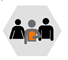 Hexagon-shaped icon with three people from the waist up, with the person in the center holding a clipboard.
