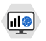Hexagon-shaped icon with a computer monitor displaying a bar graph and a globe with connected lines and points.