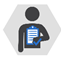 Hexagon-shaped icon with a personâ€™s torso holding a clipboard with a checkmark in the bottom right corner of the clipboard.