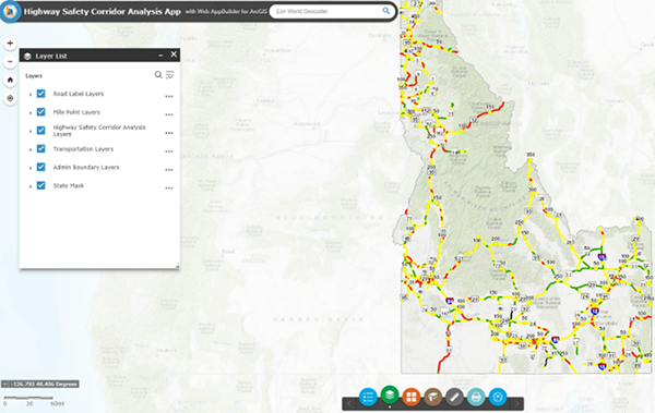 Screenshot of the Highway Safety Corridor Analysis story map with different drop-down panels.