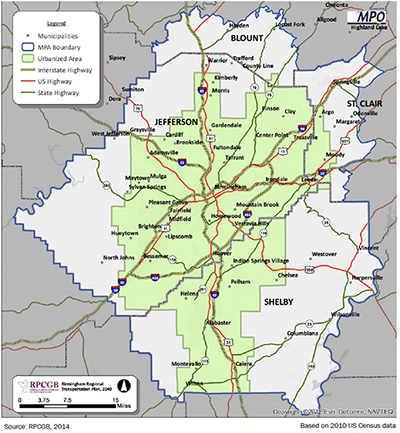 Map of the Regional Planning Commission of Greater Birmingham's (RPCGB's) Transportation Planning study area.  The most central shaded area (green color) of the map is the urbanized area.