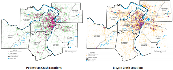 Graphic with two maps side-by-side. The left map shows pedestrian crash locations  (pink in color/darker circles) and all crash locations (green in color/lighter circles).  The right map shows bicycle crash locations (purple in color/darker circles) and all crash locations (yellow in color/lighter circles).