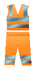 example of orange safety clothing: vest with 2 horizontal and vertical reflective stripes, pants with 2 horizontal stripes