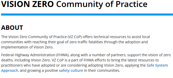 Screenshot of the About text for the FHWA Vision Zero Community of Practice site