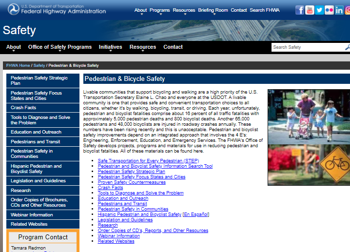 Screenshot of Pedestrian and Bicycle Safety website.
