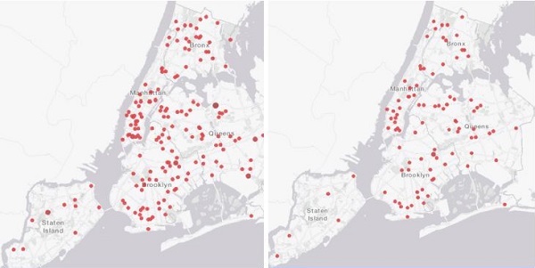 Left map shows all traffic fatalities in NYC in 2017, scattered throughout the city. Right map shows pedestrian fatalities in NYC in 2017, mostly in Manhattan and Queens, with some in Brooklyn and the Bronx, and few in Staten Island.